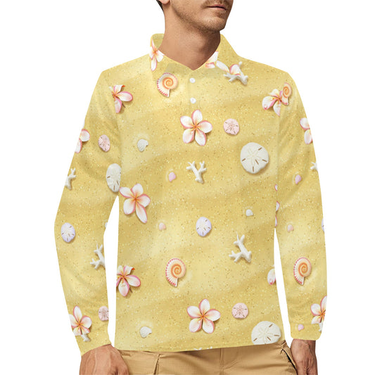 Beach Theme Print Long Sleeve Polo Shirt For Men's