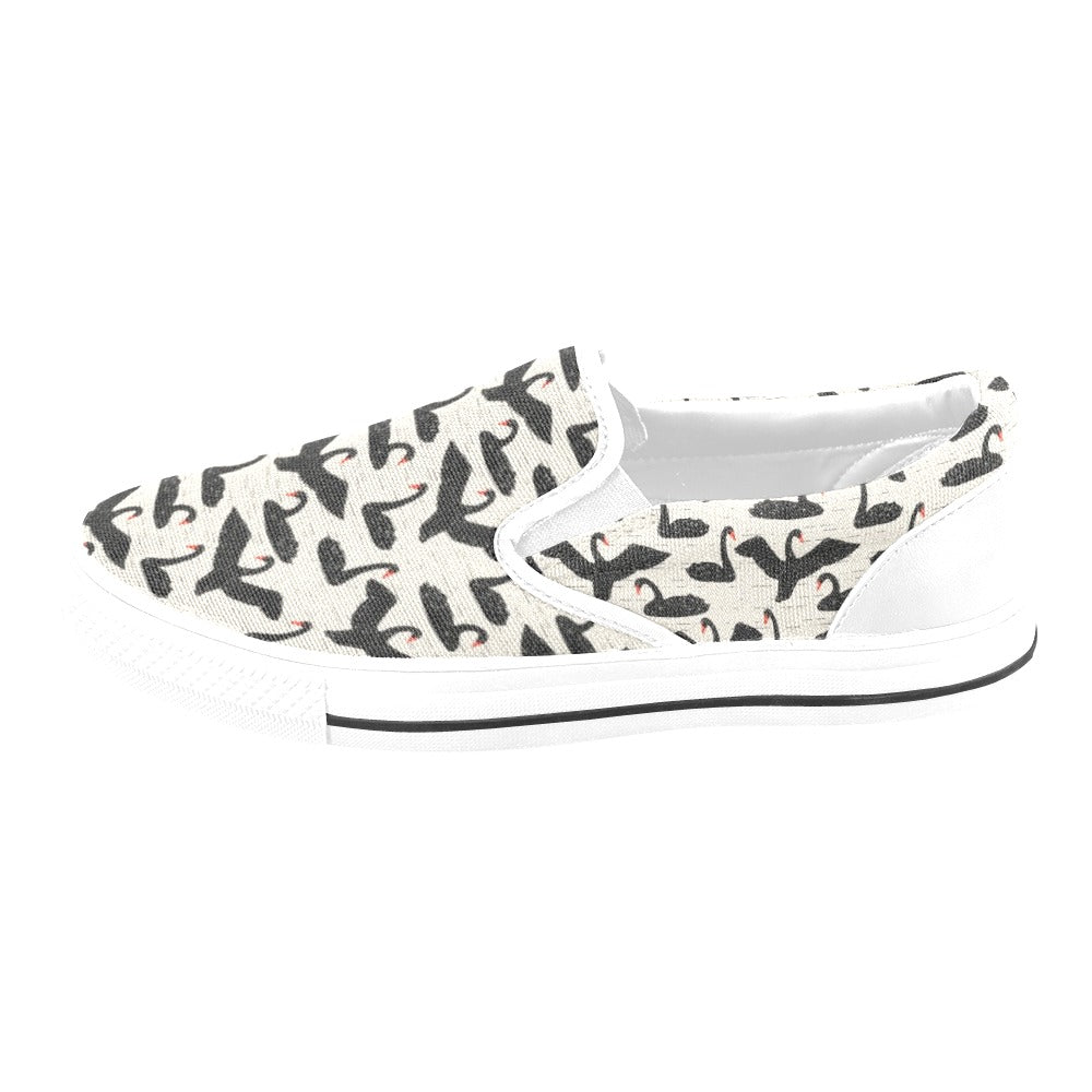 Swan Print Design LKS402 White Slip Ons Canvas Women's Shoes