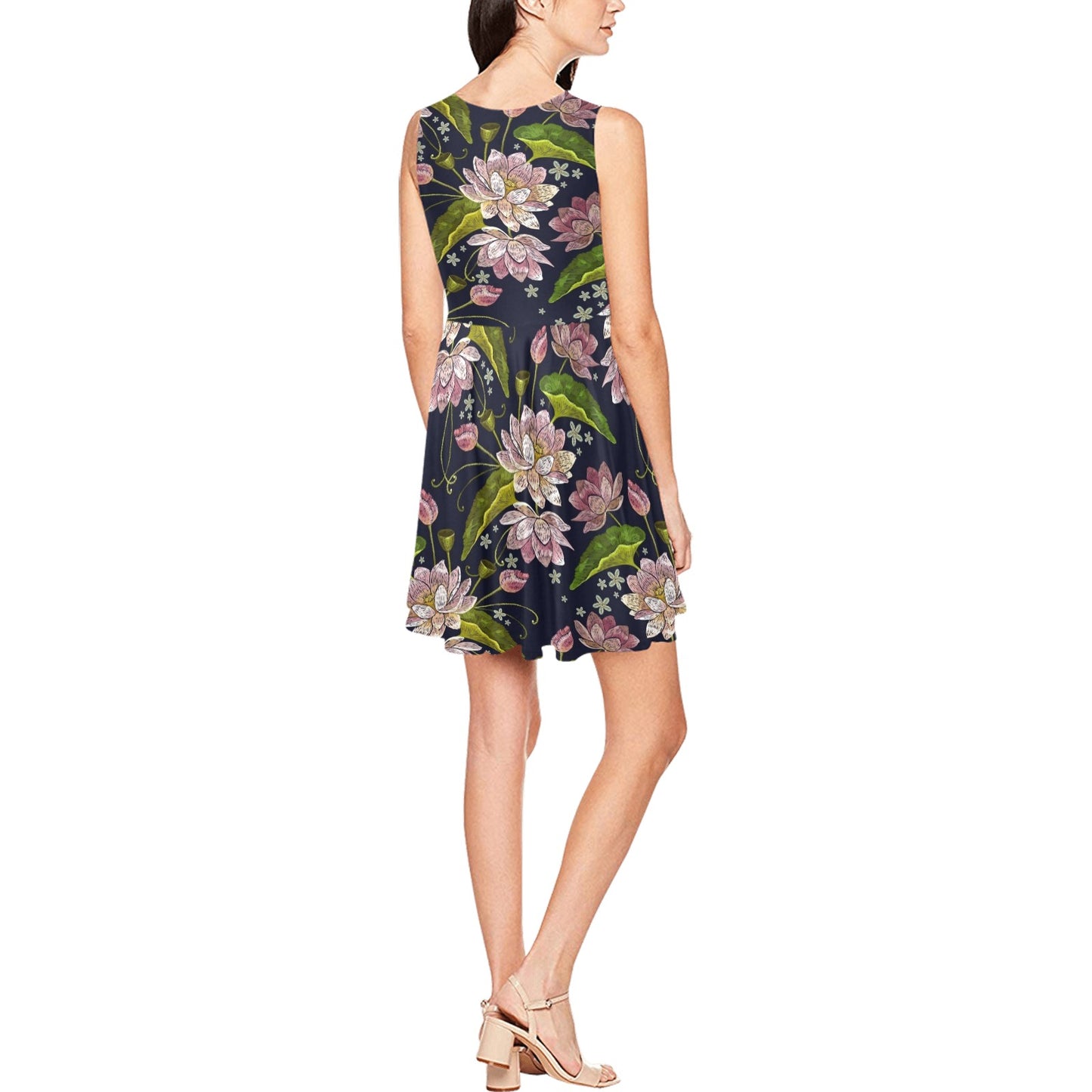 lotus Embroidered Pattern Print Design LO06 Sleeveless Dress