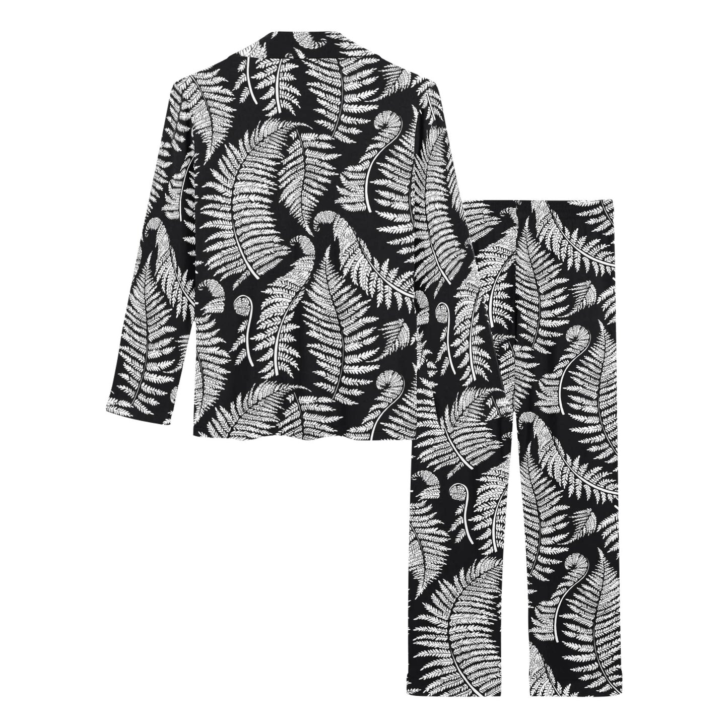 Fern Leave Black White Print Pattern Women's Long Pajama Set