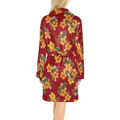 Orange Hibiscus Pattern Print Design HB026 Women's Fleece Robe