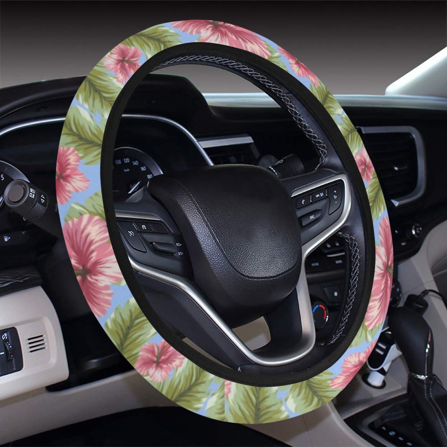 Tropical Flower Print Design LKS301 Steering Wheel Cover with Elastic Edge