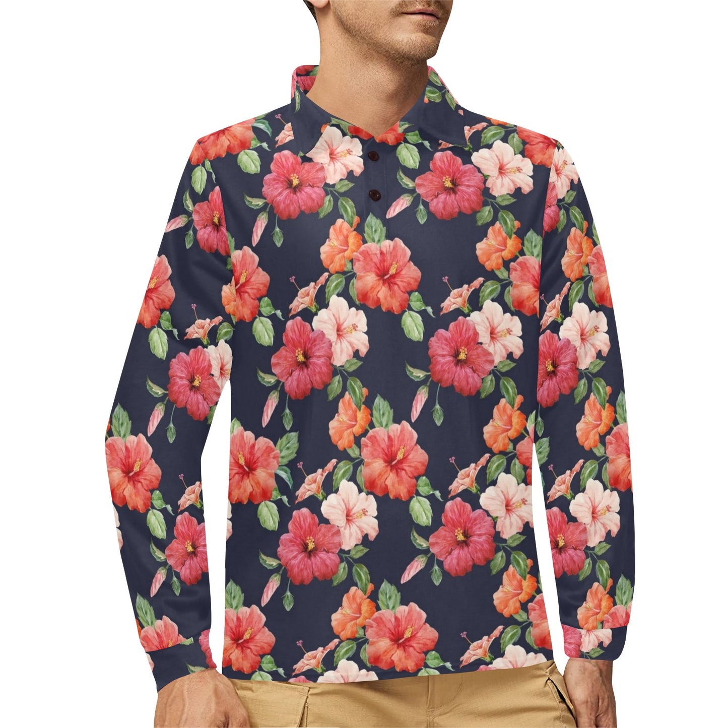 Tropical Flower Pattern Print Design TF020 Long Sleeve Polo Shirt For Men's