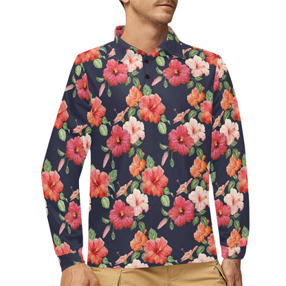 Tropical Flower Pattern Print Design TF020 Long Sleeve Polo Shirt For Men's