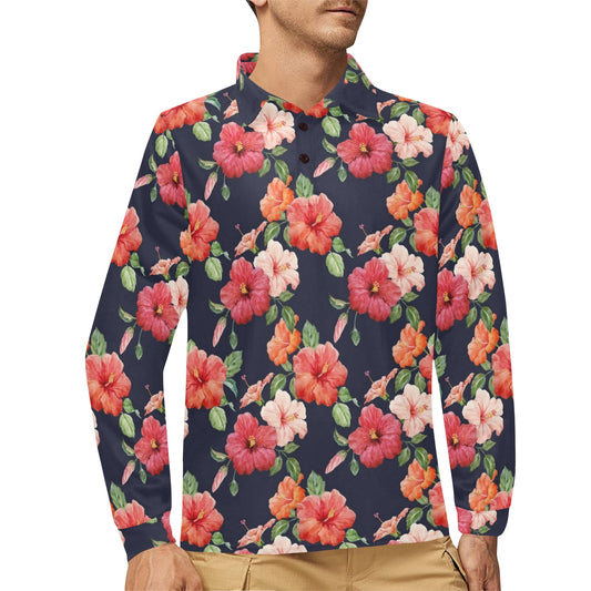Tropical Flower Pattern Print Design TF020 Long Sleeve Polo Shirt For Men's