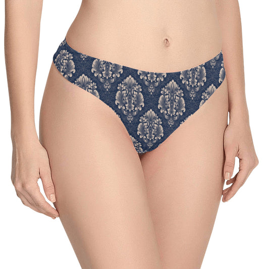 Damask Blue Luxury Print Pattern Women's Thongs