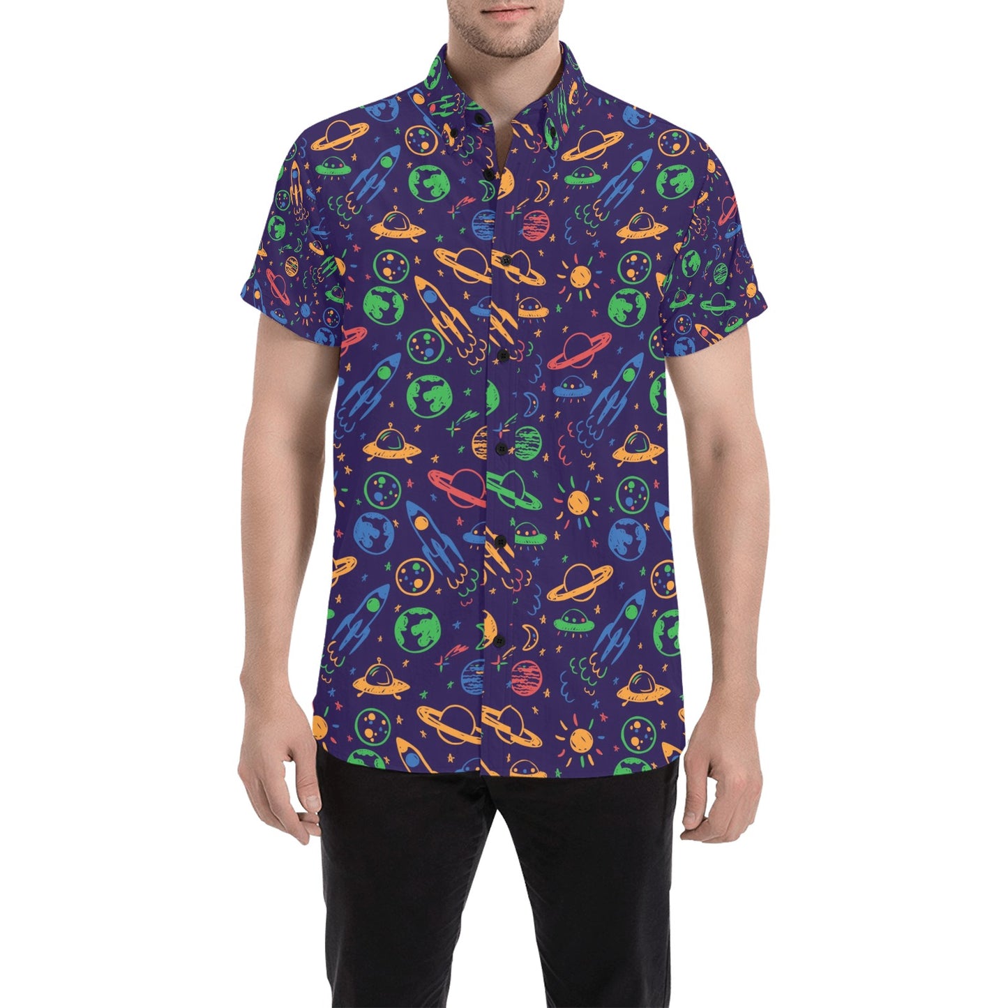 UFO Space Rocket Print Design LKS302 Men Short Sleeve Button Up Shirt