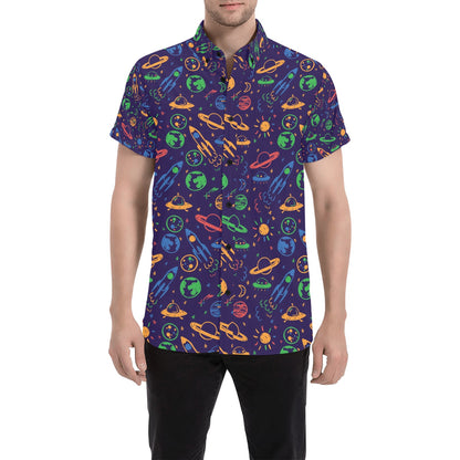 UFO Space Rocket Print Design LKS302 Men Short Sleeve Button Up Shirt