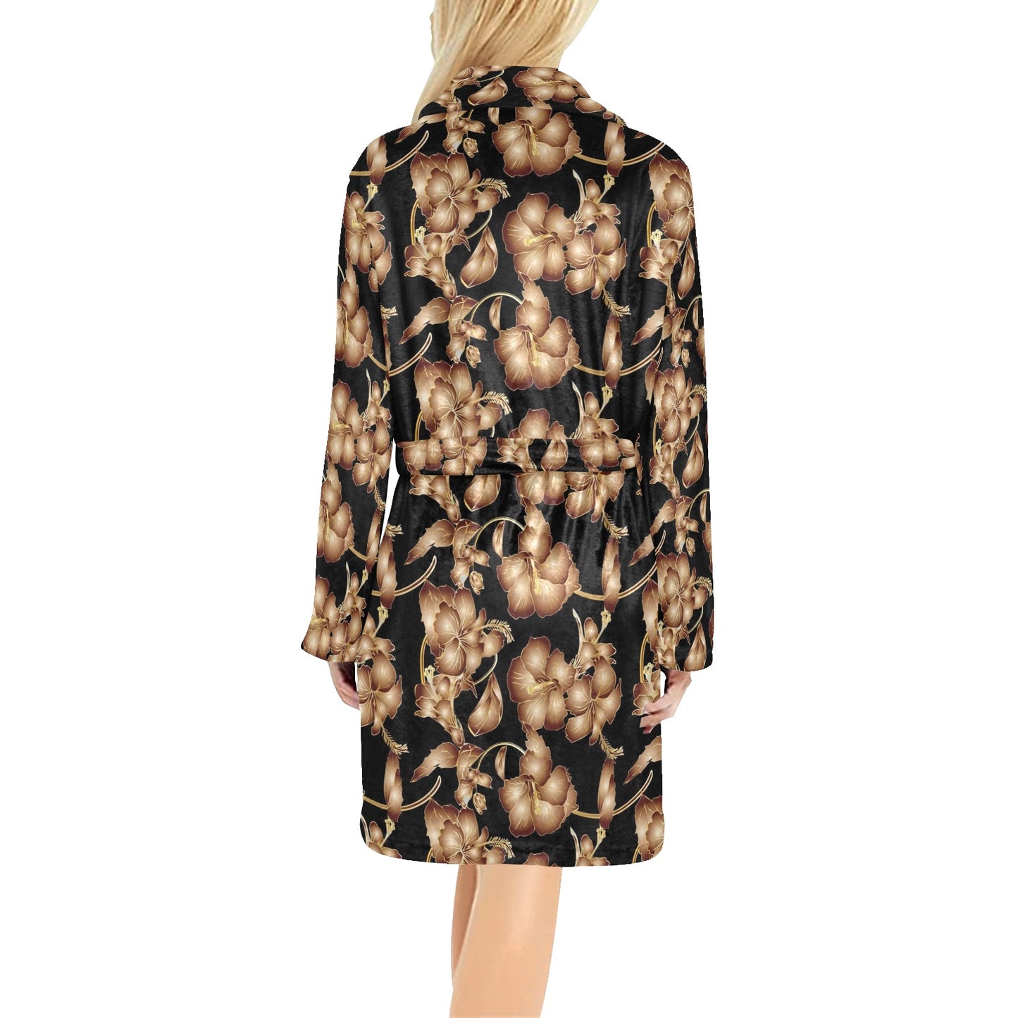 Brown Hibiscus Pattern Print Design HB06 Women's Fleece Robe