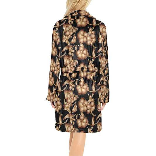 Brown Hibiscus Pattern Print Design HB06 Women's Fleece Robe