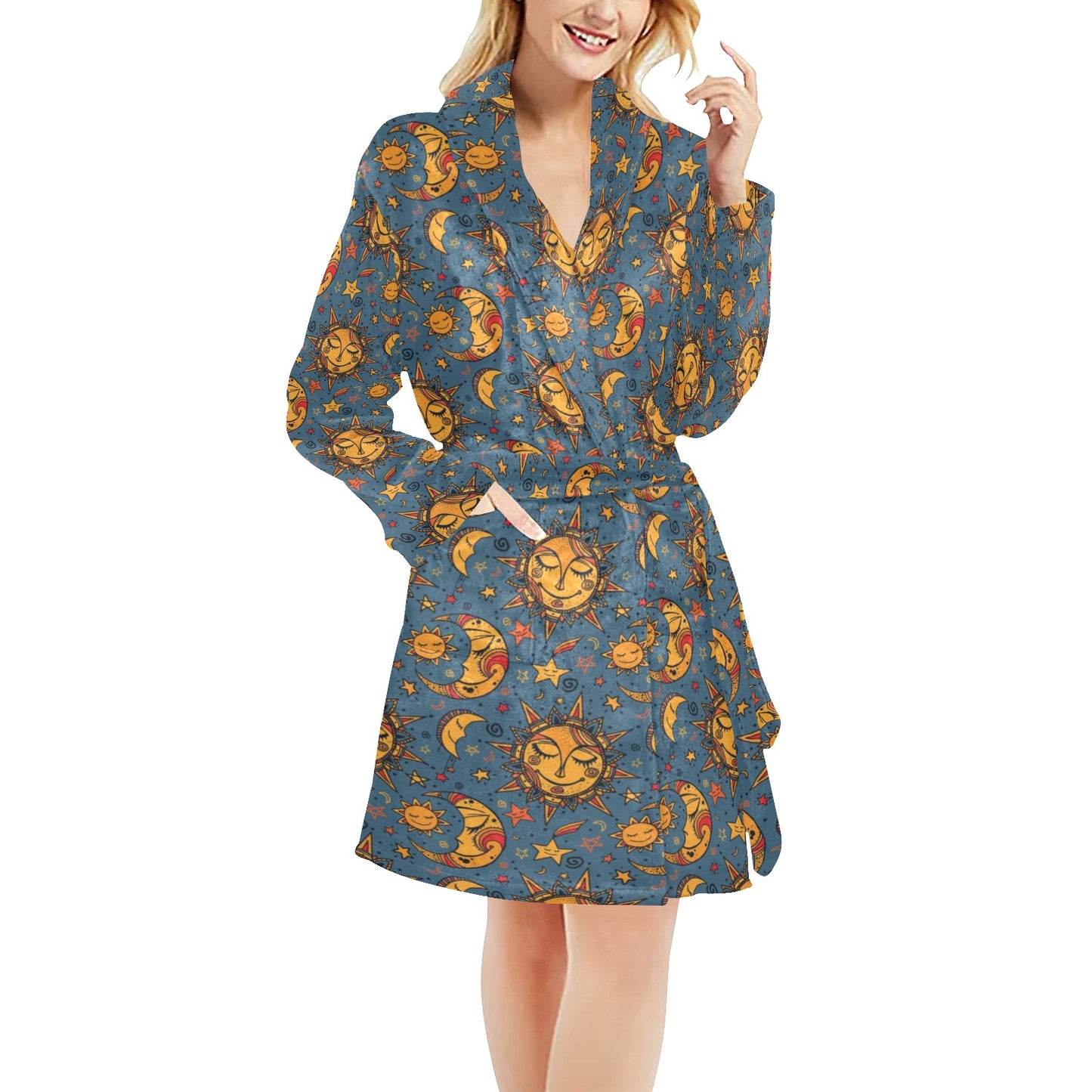 Celestial Moon Sun Pattern Print Design 02 Women's Fleece Robe