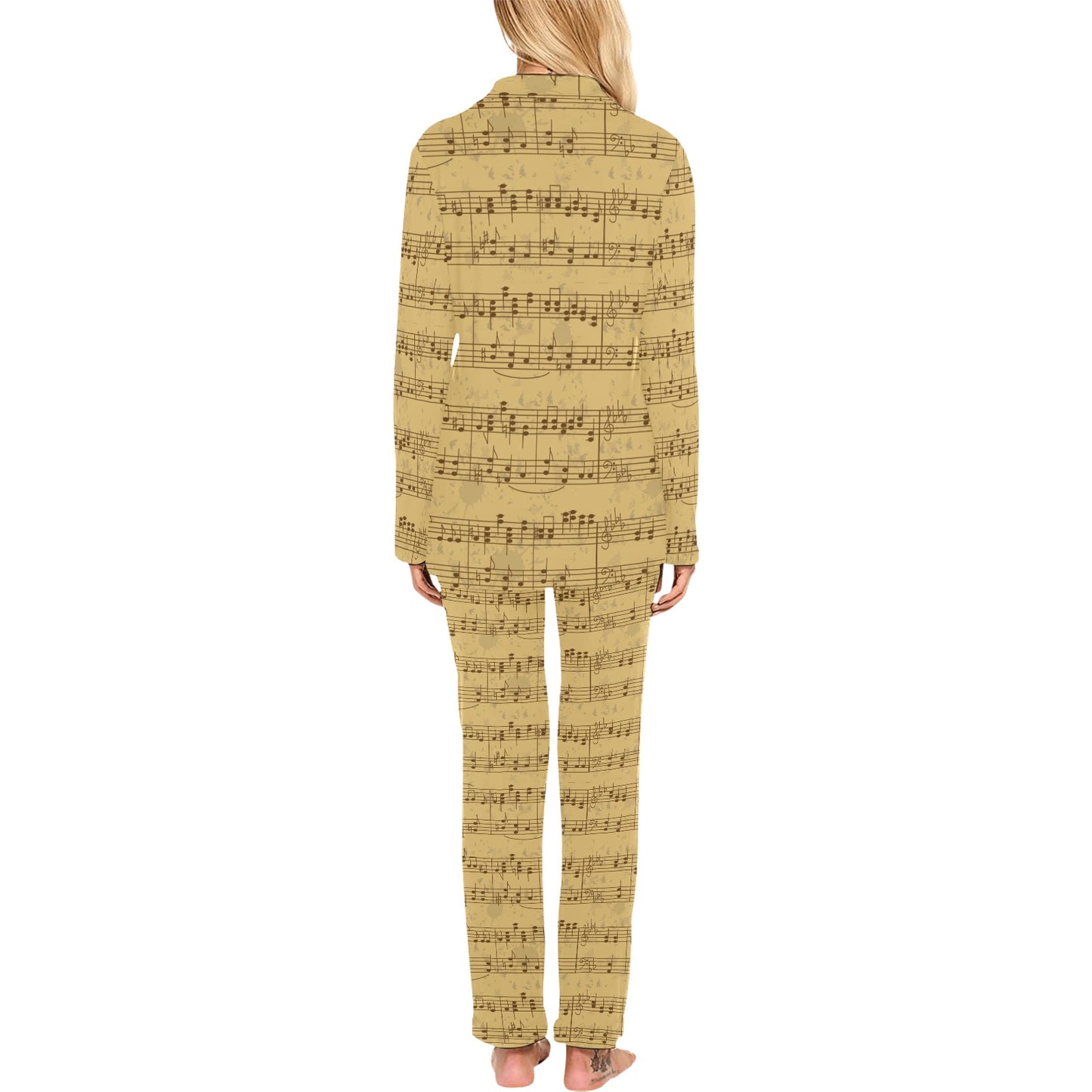 Music Note Vintage Themed Print Women's Long Pajama Set