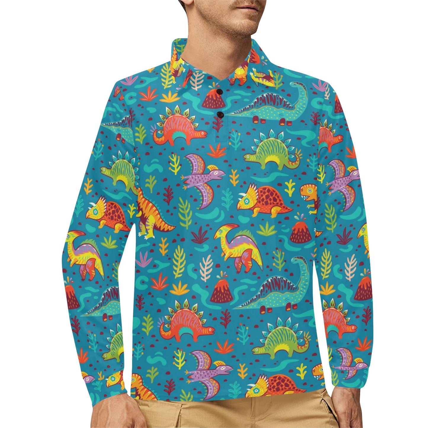 Dinosaur Cartoon Style Long Sleeve Polo Shirt For Men's