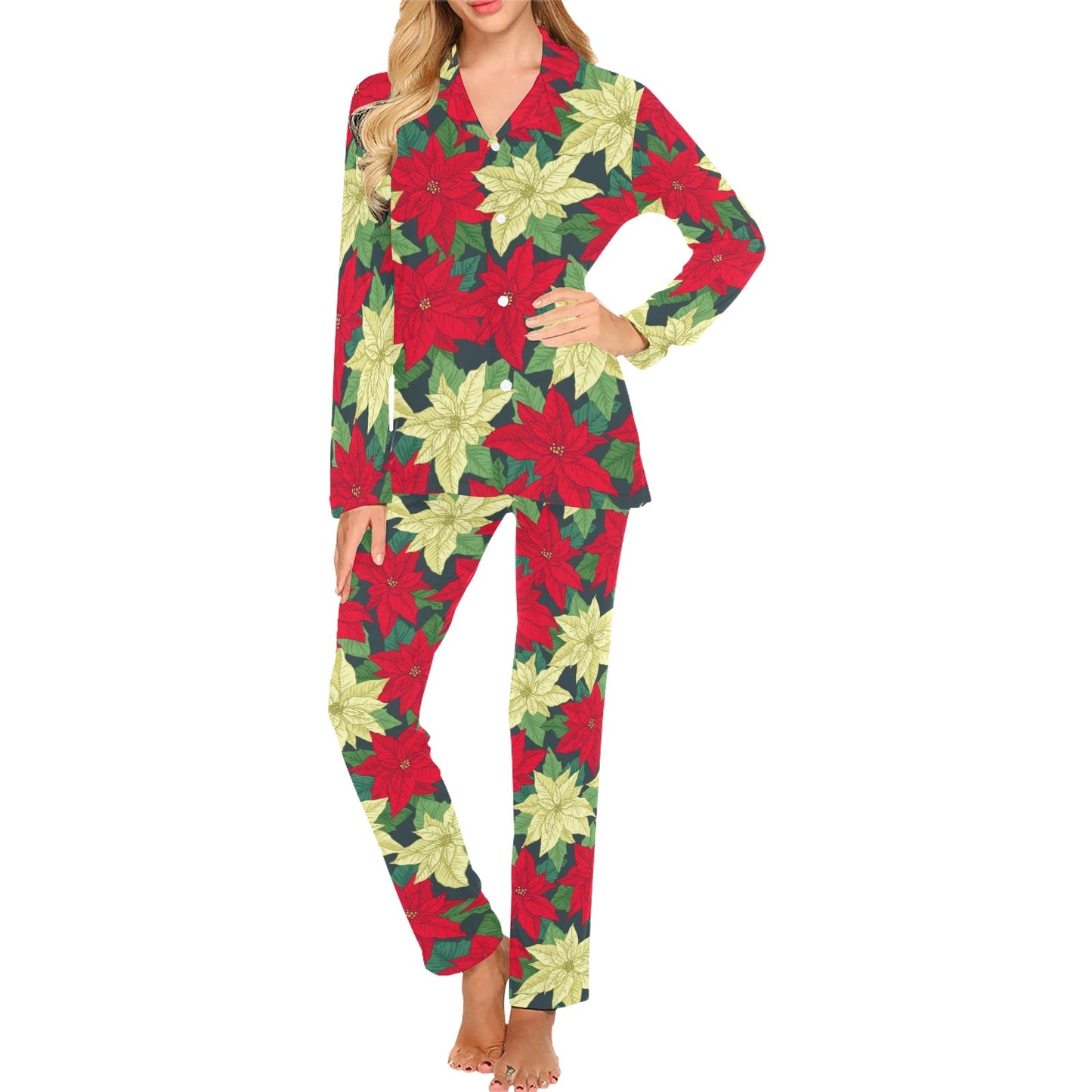 Poinsettia Pattern Print Design POT06 Women's Long Pajama Set