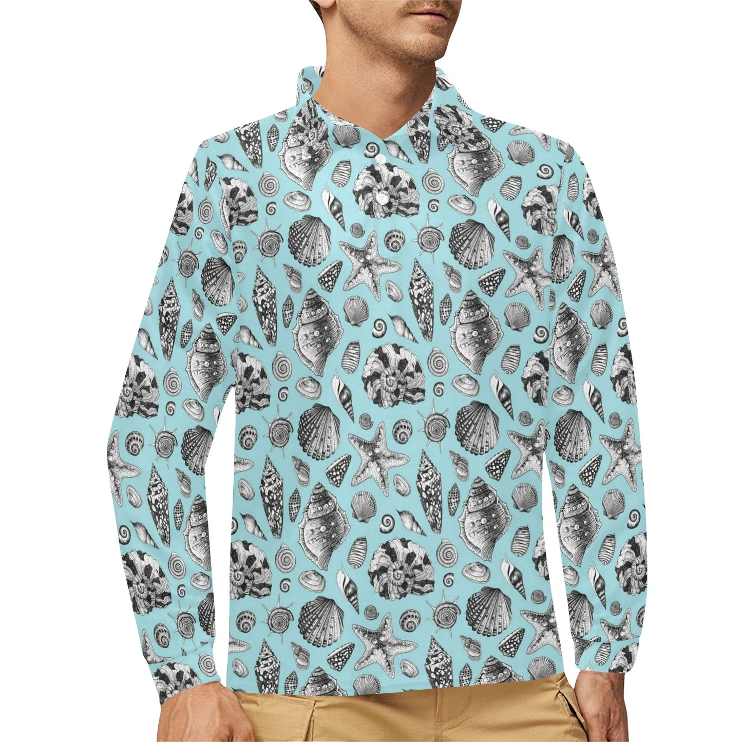 Seashell Beach Print Design LKS302 Long Sleeve Polo Shirt For Men's
