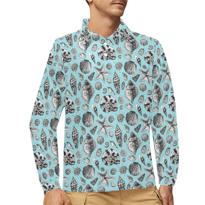 Seashell Beach Print Design LKS302 Long Sleeve Polo Shirt For Men's