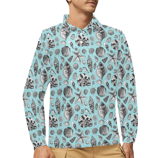 Seashell Beach Print Design LKS302 Long Sleeve Polo Shirt For Men's