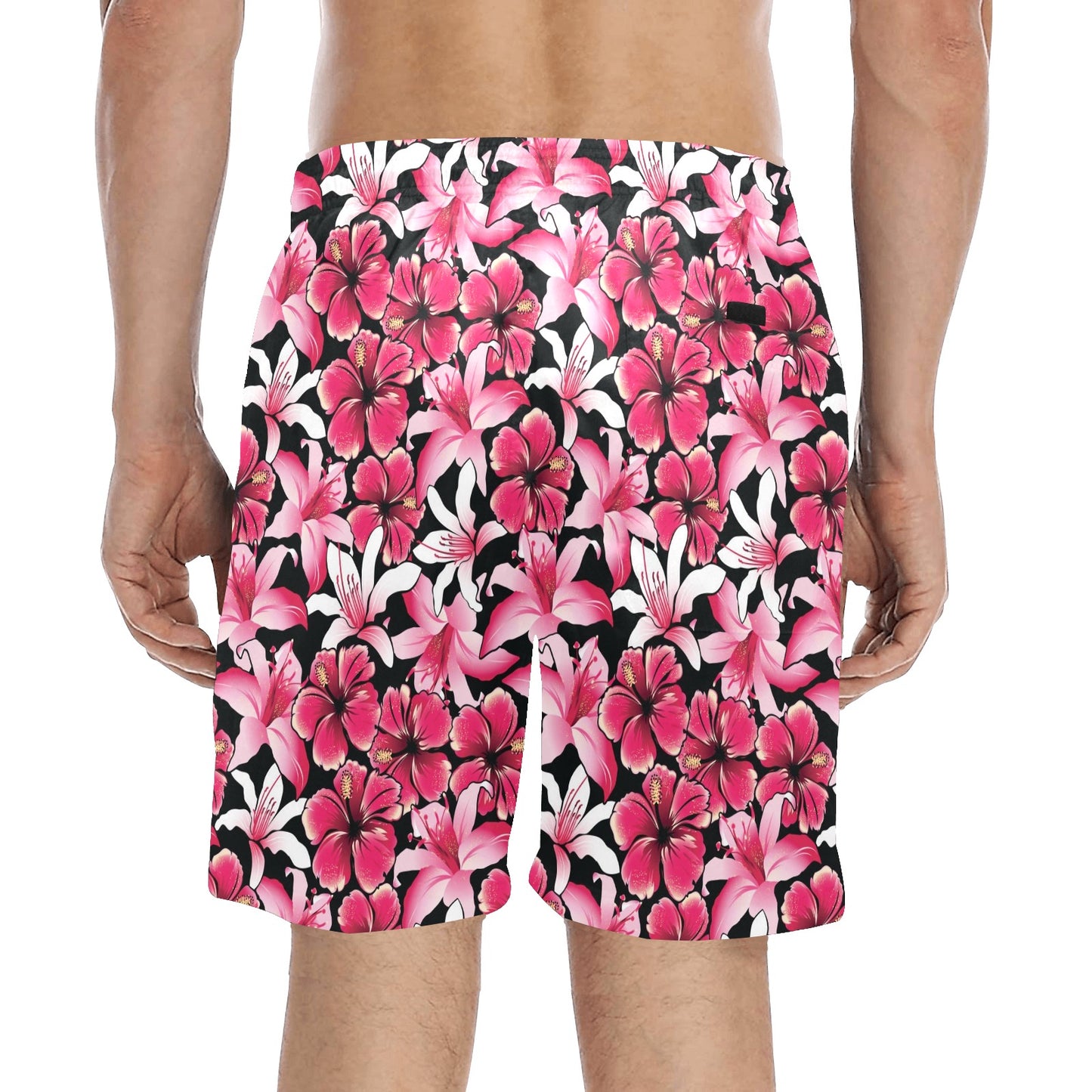 Flower Hawaiian Pink Red Hibiscus Print Men's Swim Trunks Beach Shorts
