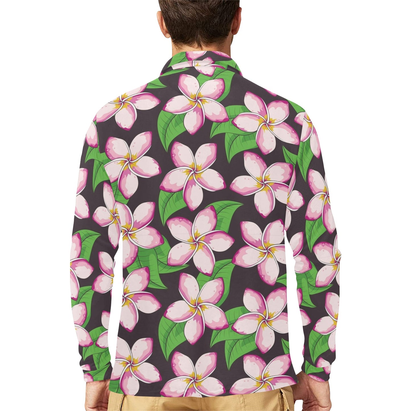 Pink Plumeria Pattern Print Design PM019 Long Sleeve Polo Shirt For Men's