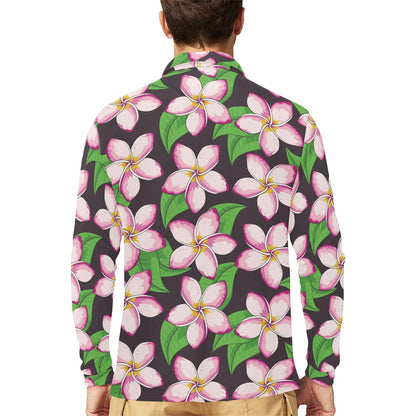 Pink Plumeria Pattern Print Design PM019 Long Sleeve Polo Shirt For Men's