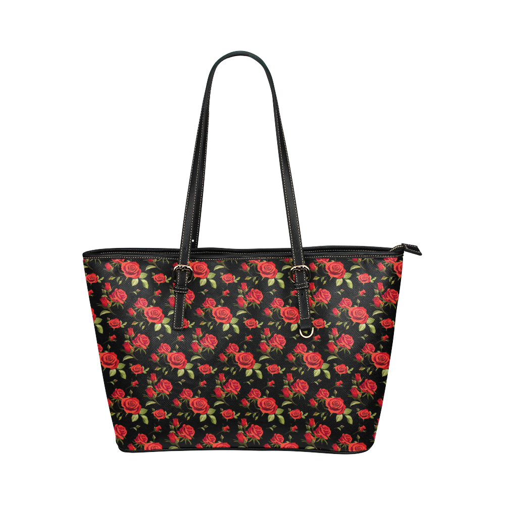 Red Rose Themed Print Leather Tote Bag