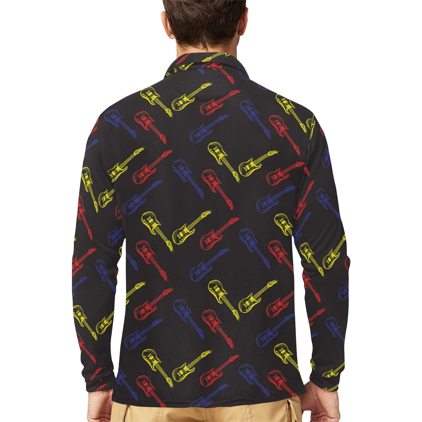 Electric Guitar Pattern Print Design 03 Long Sleeve Polo Shirt For Men's