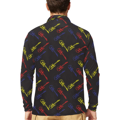 Electric Guitar Pattern Print Design 03 Long Sleeve Polo Shirt For Men's