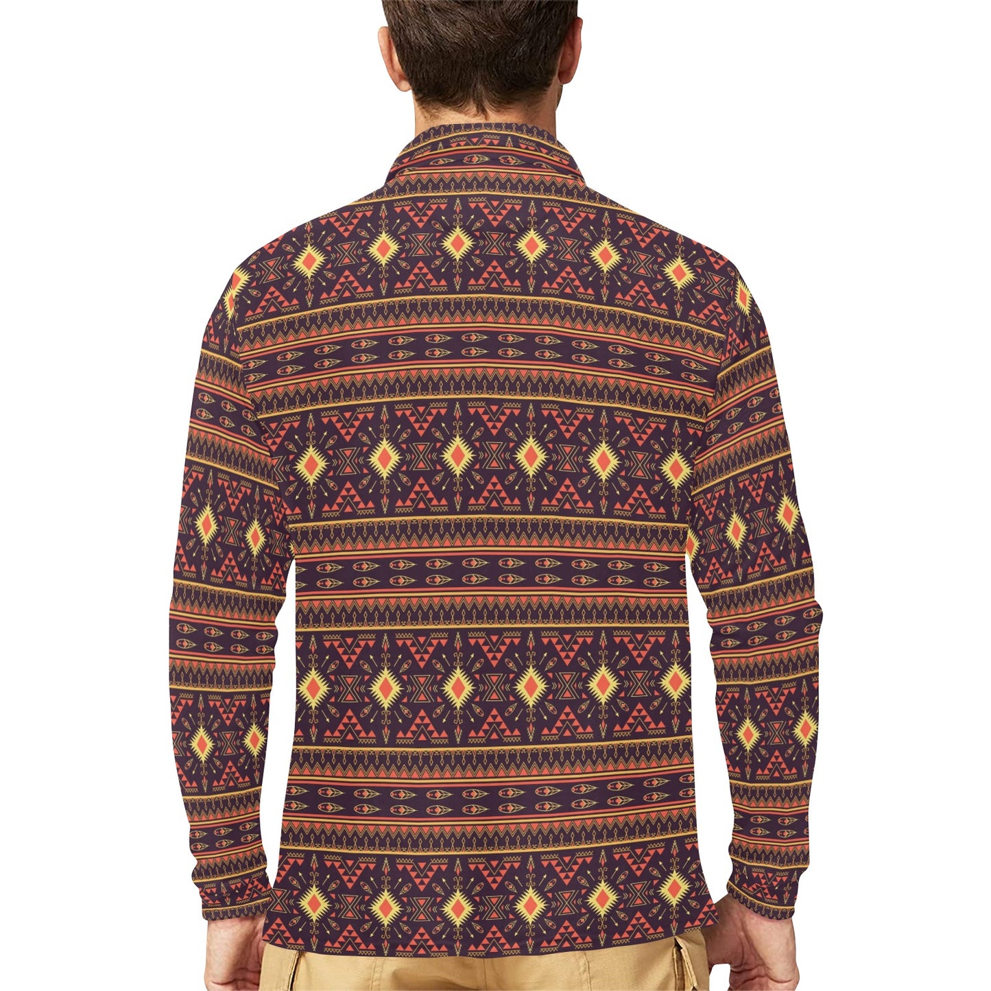 Southwest Ethnic Design Themed Print Long Sleeve Polo Shirt For Men's