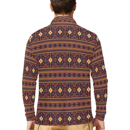 Southwest Ethnic Design Themed Print Long Sleeve Polo Shirt For Men's