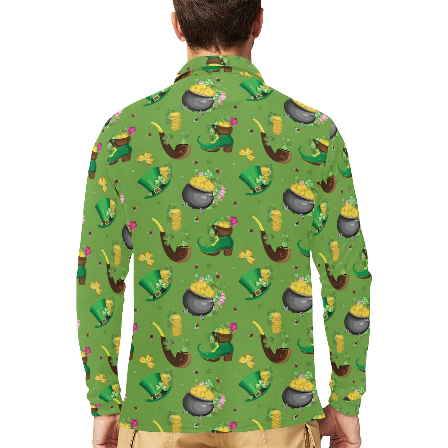 Shamrock Saint Patrick's Day Print Design LKS306 Long Sleeve Polo Shirt For Men's
