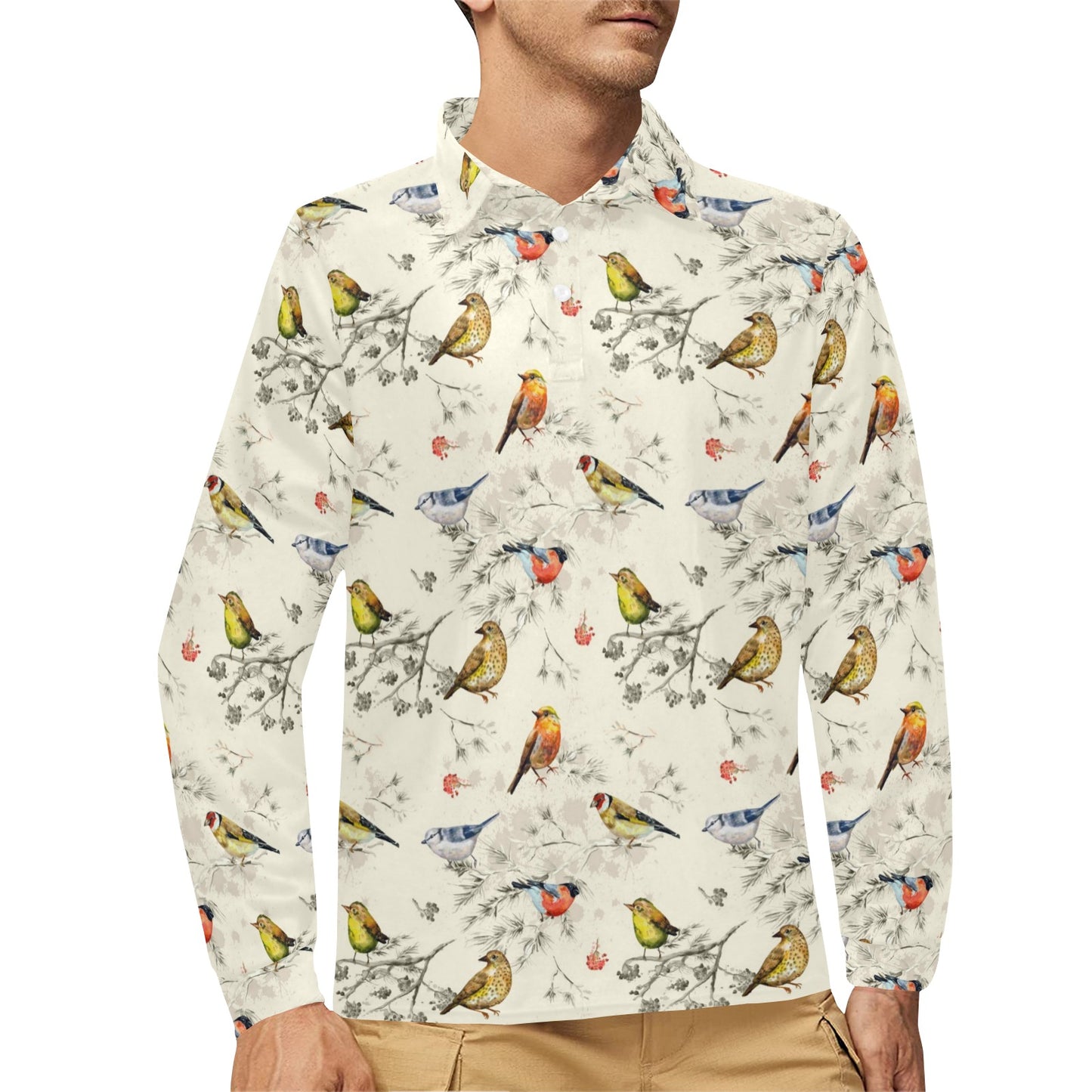 Bird Watercolor Design Pattern Long Sleeve Polo Shirt For Men's