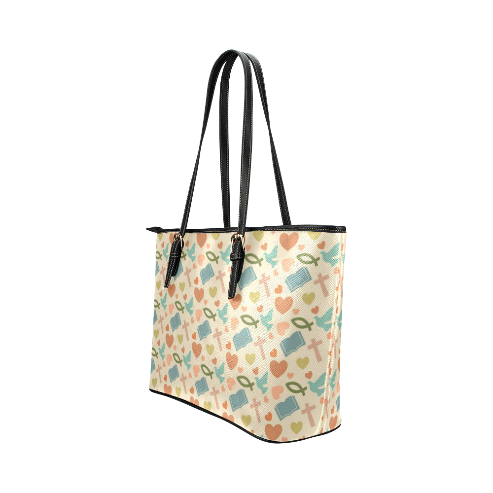 Christian Symbol Pattern Leather Tote Bag