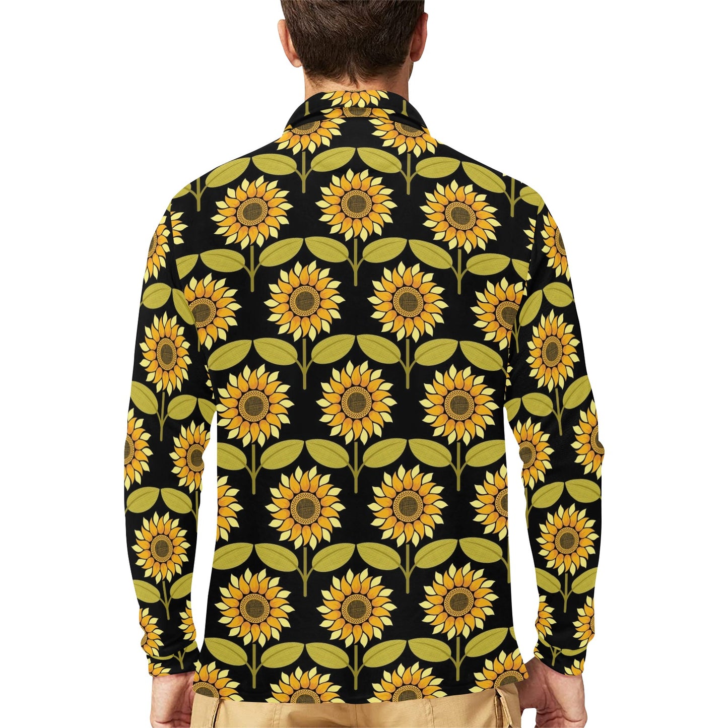 Sunflower Pattern Print Design SF015 Long Sleeve Polo Shirt For Men's