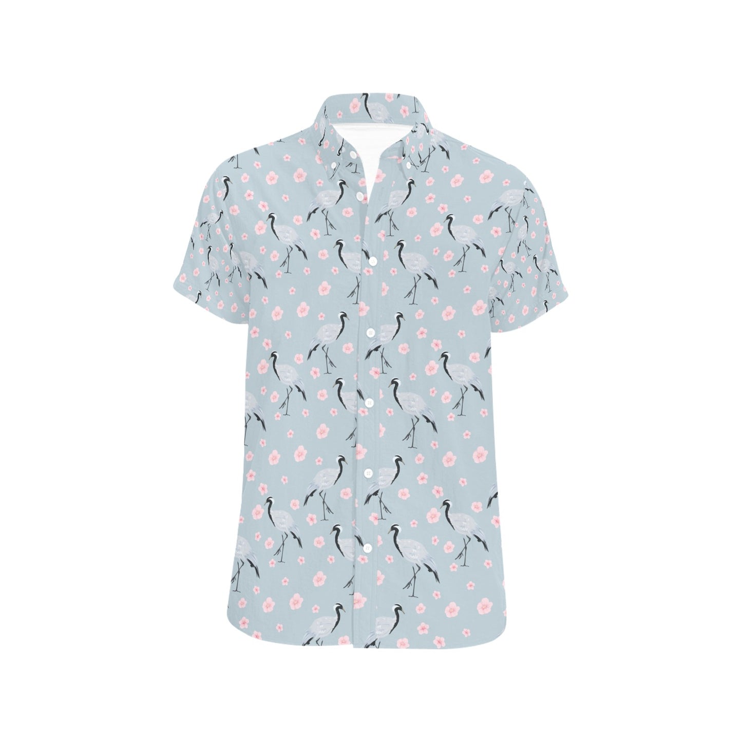 Sakura Bird Print Design LKS304 Men Short Sleeve Button Up Shirt