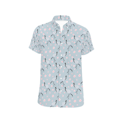 Sakura Bird Print Design LKS304 Men Short Sleeve Button Up Shirt