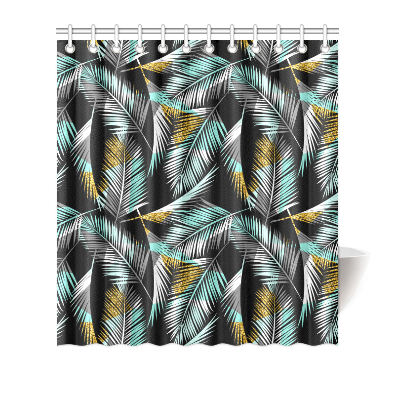 Gold Glitter Cyan Tropical Palm Leaves Shower Curtain