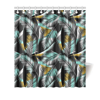 Gold Glitter Cyan Tropical Palm Leaves Shower Curtain