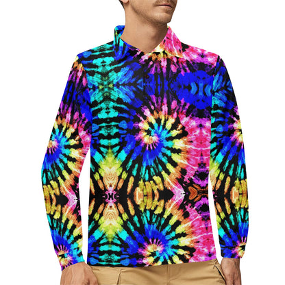 Tie Dye Rainbow Design Print Long Sleeve Polo Shirt For Men's
