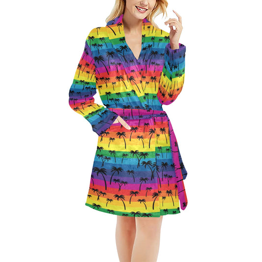 Palm Tree Rainbow Themed Print Women's Fleece Robe