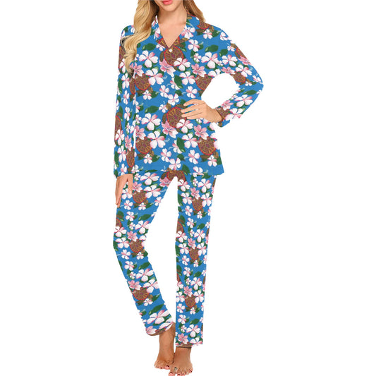 Sea Turtle Pink Hibiscus Hawaiian Print Women's Long Pajama Set