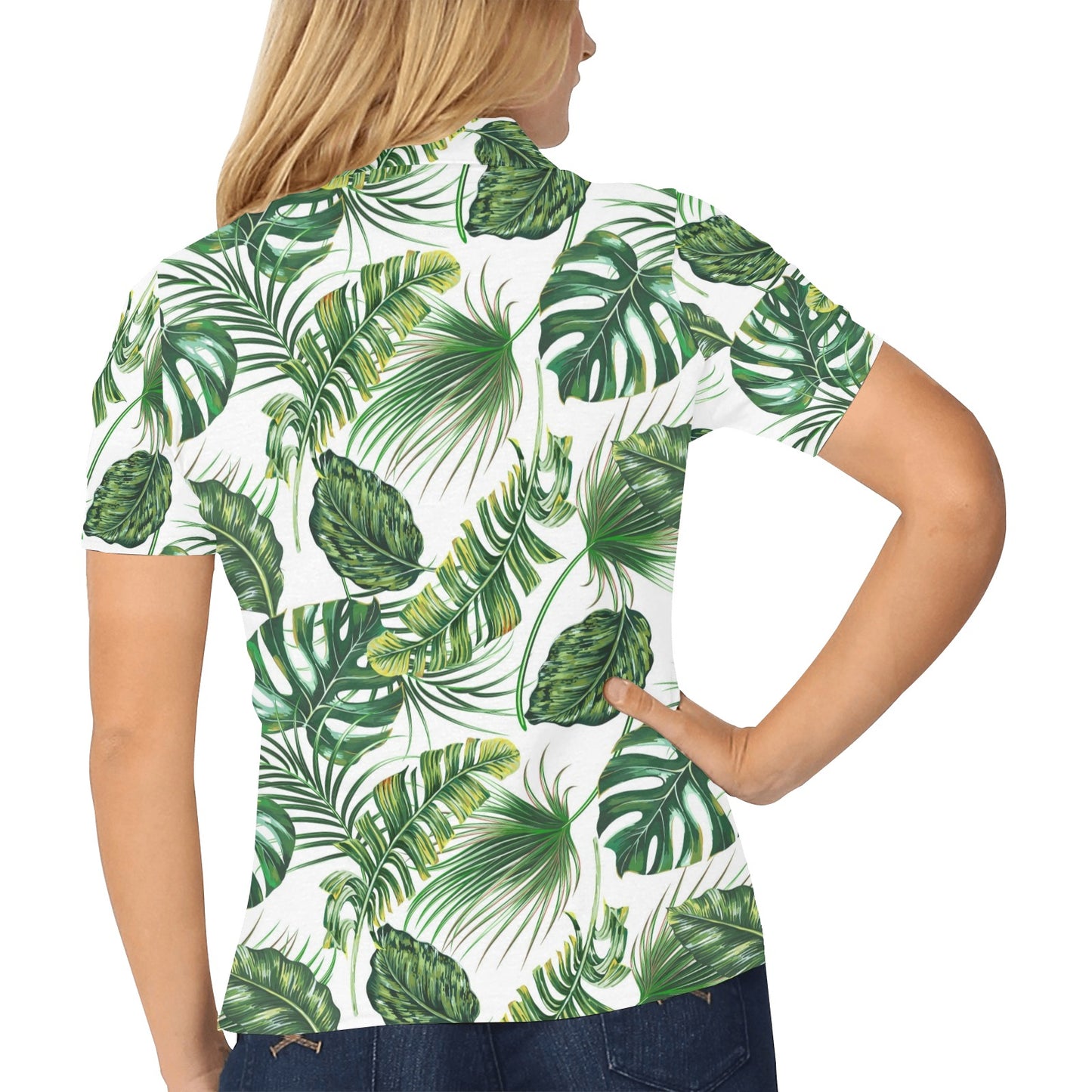 Green Pattern Tropical Palm Leaves Women's Polo Shirt