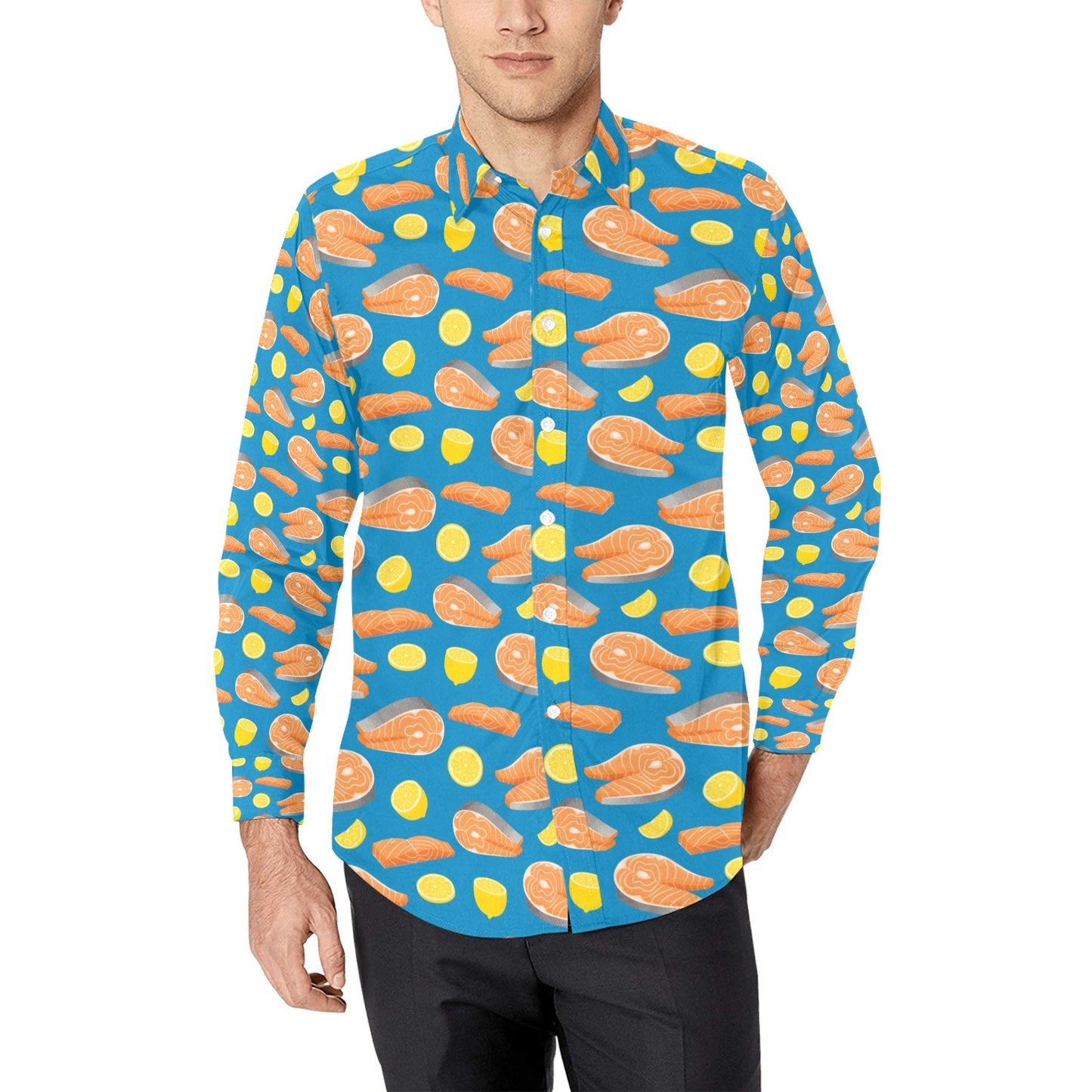 Salmon Steak With Lemon Print Design LKS308 Men's Long Sleeve Dress Shirt