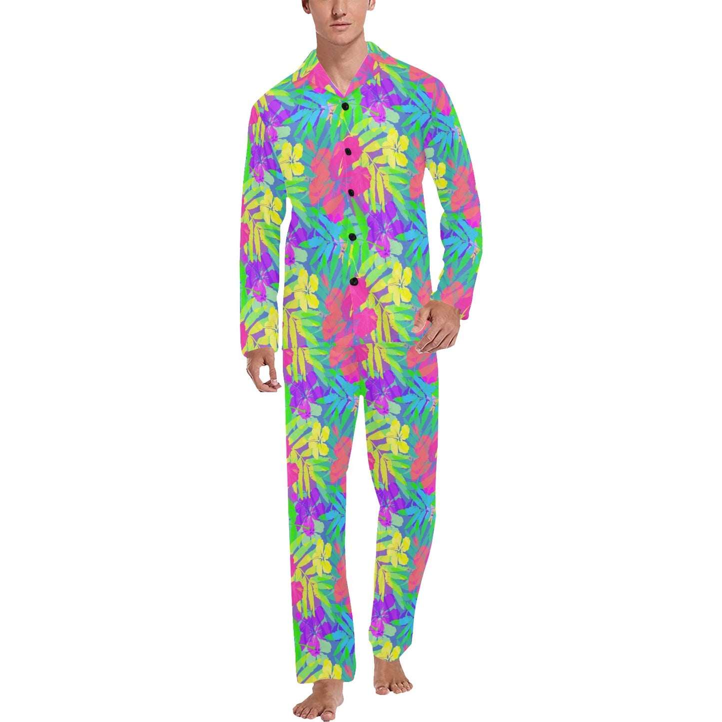 Neon Tropical Pattern Print Design A03 Men's Long Pajama Set