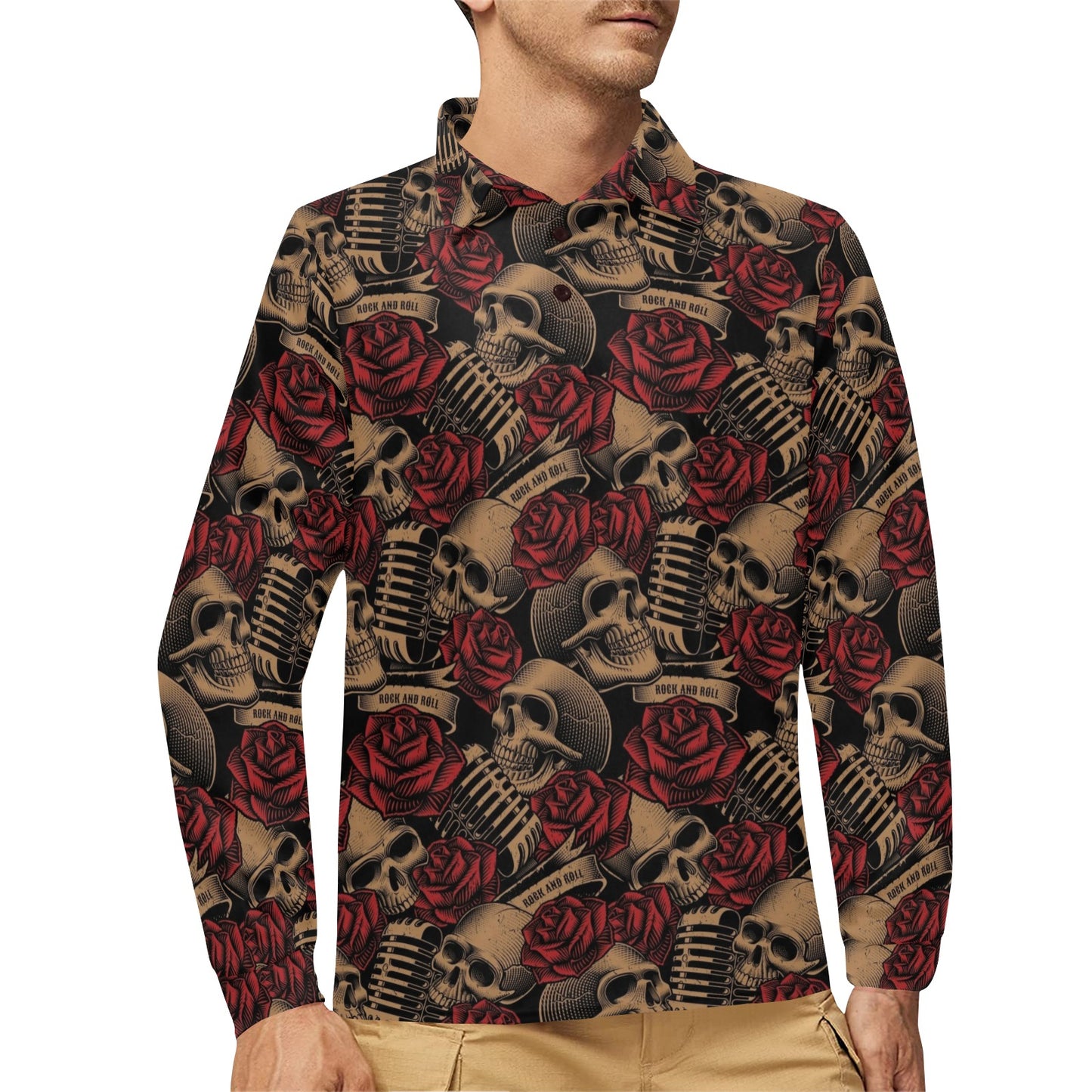 Microphone Skull Rose Pattern Print Design 02 Long Sleeve Polo Shirt For Men's