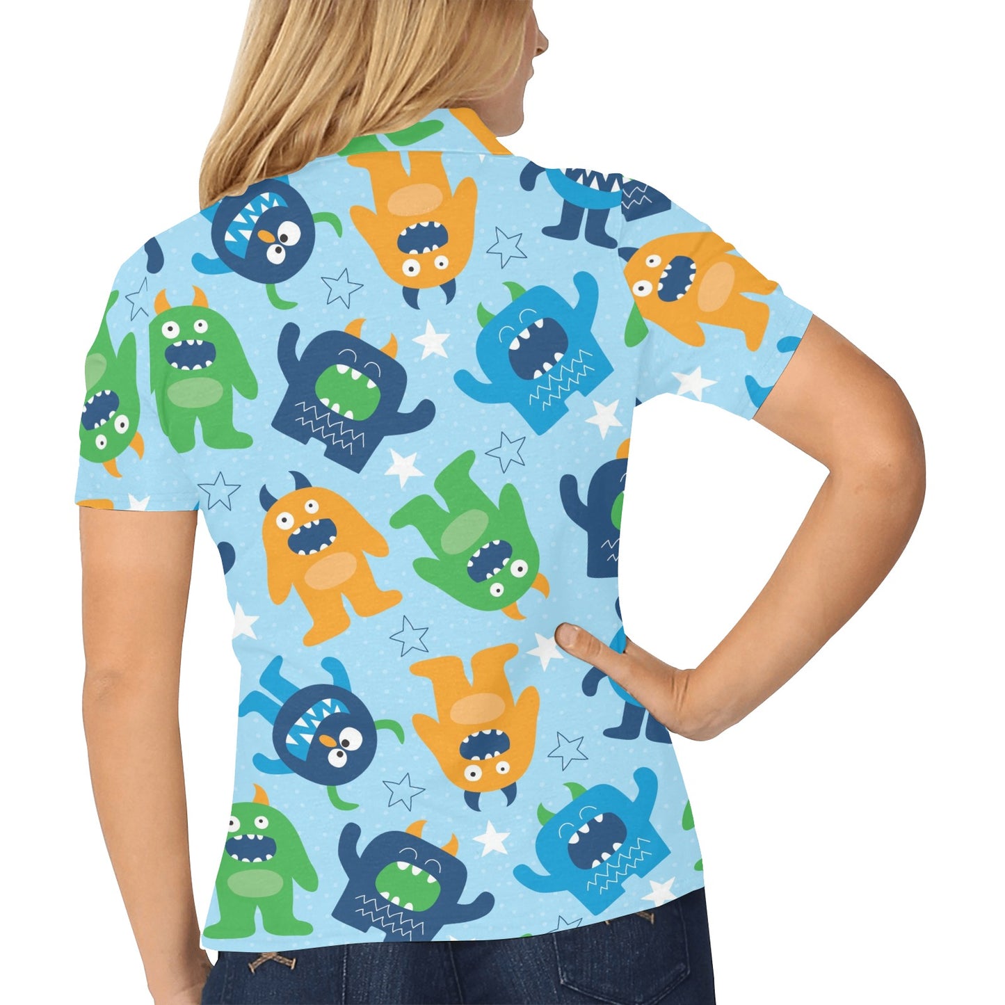 Monster Cartoon Pattern Print Design 04 Women's Polo Shirt