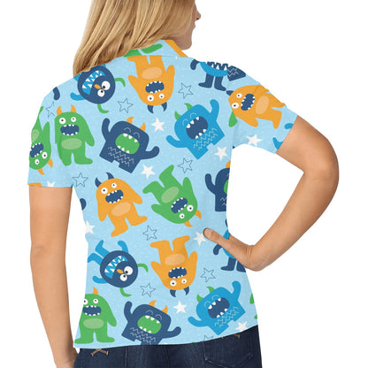 Monster Cartoon Pattern Print Design 04 Women's Polo Shirt