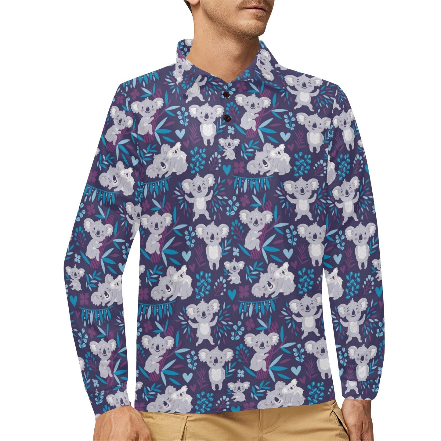 Koala Cute Themed Design Print Long Sleeve Polo Shirt For Men's