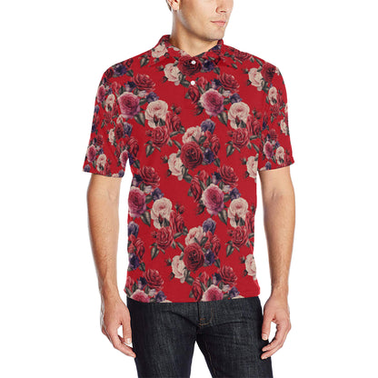 Rose Red Pattern Print Design RO07 Men Polo Shirt