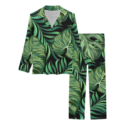 Green Fresh Tropical Palm Leaves Women's Long Pajama Set