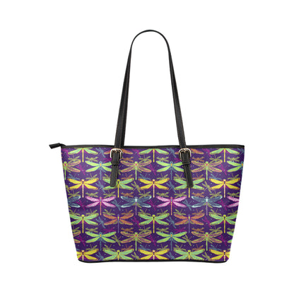 Dragonfly Neon Color Print Pattern Leather Tote Bag